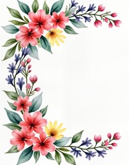 Floral corner border with colourful flowers, leaves. Watercolor style illustration. Ideal for summer wedding invitations. Hand-drawn design elements. Suitable for greeting cards decorations. Perfect