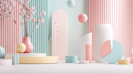 Pastel Geometric Abstract 3D Shapes Composition for Product Display or Fashion Backdrop