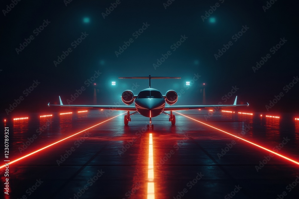 Fototapete illuminated runway at night with airplane surrounded by navigation lights and atmospheric lighting e