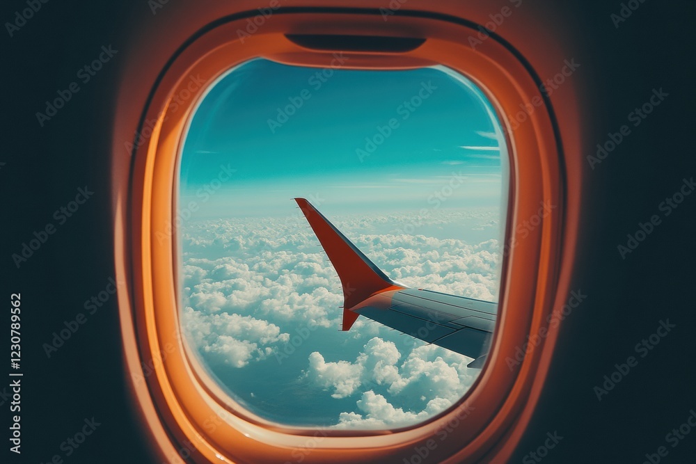Aufkleber view of airplane wing over fluffy clouds and bright blue sky from window during flight. generative a