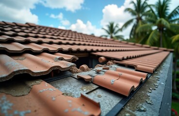 Damaged terracotta roof tiles after hurricane. Missing shingles. House roof needs repair. Hurricane aftermath in Florida residential area. Storm damage visible. Roofing problems from natural