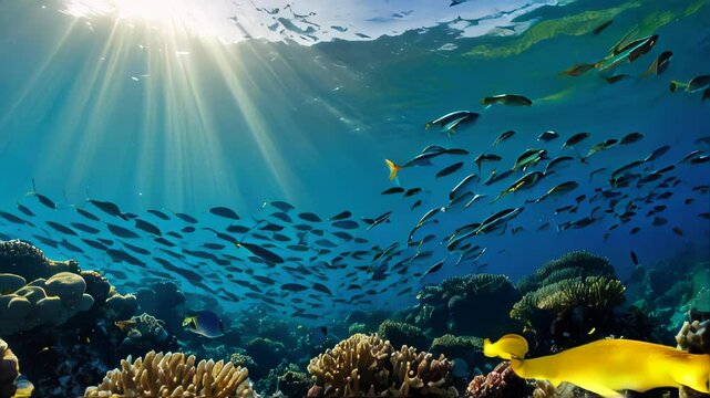 Underwater world with fish and corals. Underwater view of mari fishes and plants