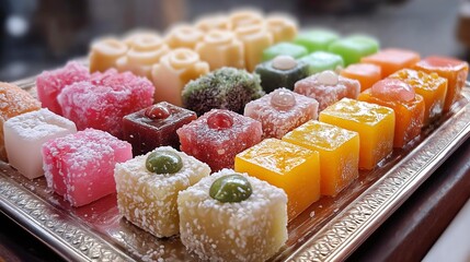 Colorful assortment of traditional sweets displayed on a silver platter at a festive market in the afternoon