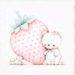 Cute bear next to large strawberry, surrounded by small mushrooms, in whimsical and playful style. soft colors and gentle expressions create charming and delightful scene