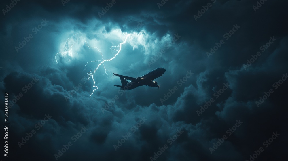Poster airplane navigates through turbulent storm clouds illuminated by lightning at nighttime. generative 