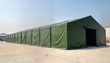 Large military green tent stands on light beige concrete floor. Tent simple design with pitched roof, multiple panels. Looks durable, practical for temporary housing outdoor events. Size, robust