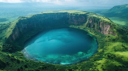 Aerial view of a beautiful turquoise crater lake surrounded by green lush vegetation