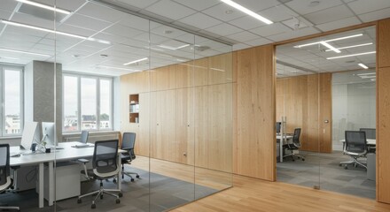 Fototapeta premium Contemporary office with glass partitions, wood paneling, and sleek decor.
