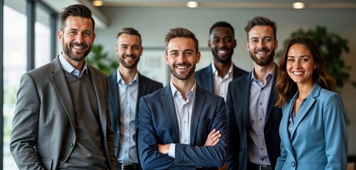 Confident business team stands together indoors. Diverse group looks directly at camera. Pro attire. Successful people in modern office setting. Smiling faces show unity, teamwork. Modern corporate