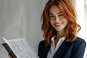A smiling redhead woman in a business suit confidently holds architectural blueprints, showcasing professionalism and expertise.