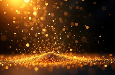 Naklejka premium Golden particles splash on dark backdrop. Shining golden glitter particles fall, splash. Abstract background with glittering dust, light. Glowing particles create elegant, luxurious design. Falling
