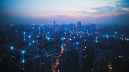 Fototapeta premium Smart digital Innovation city with connection network reciprocity over the cityscape. of future smart wireless digital city and social media networking systems that connects people with in city