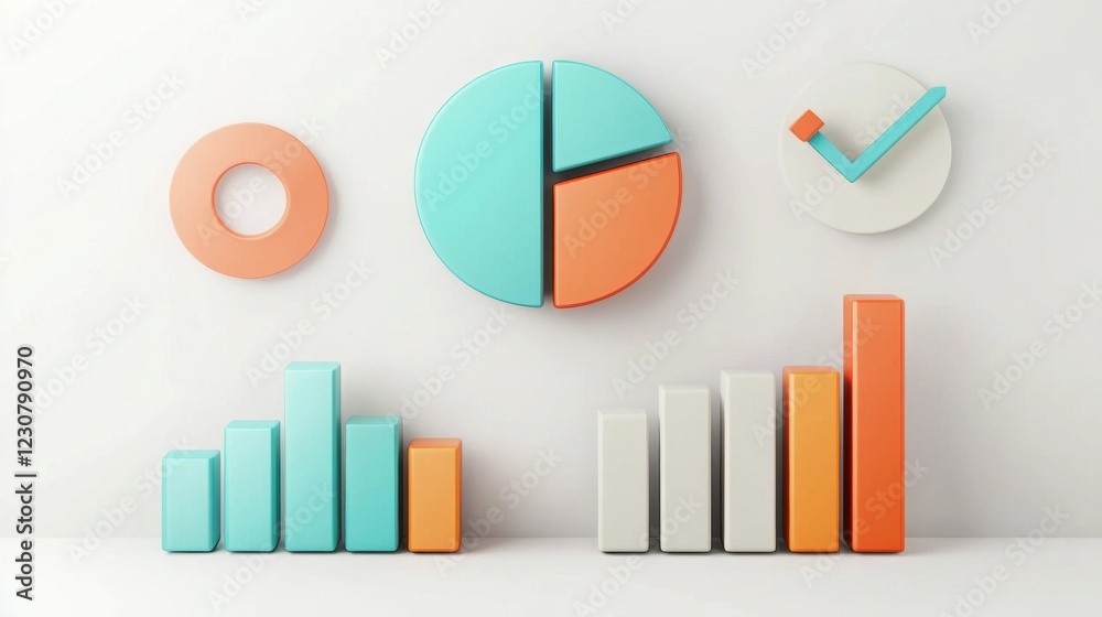 Poster flat geometric 3d data visualization charts and graphs on minimal white desktop