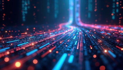 Abstract tech illustration shows data flow. Digital data stream moves across dark surface. Lines of glowing light transmit information. Dynamic network connectivity. Modern tech background.