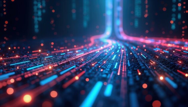 Abstract tech illustration shows data flow. Digital data stream moves across dark surface. Lines of glowing light transmit information. Dynamic network connectivity. Modern tech background. - Powered by Adobe