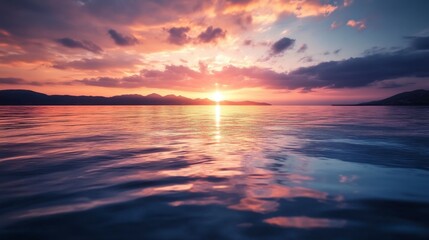 Obraz premium Serene Sunset Over Calm Ocean Waters - Peaceful Coastal Scene