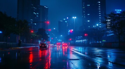 Rainy Night Cityscape, Neon Lights Reflecting on Wet Asphalt, Cars Driving