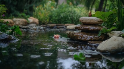 Serene Zen Garden Pond with Stacked Stones and Lotus Flower