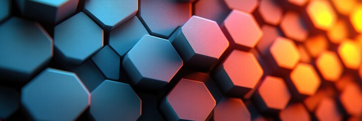 Graphic pattern featuring interconnected hexagons in vibrant blue and orange tones