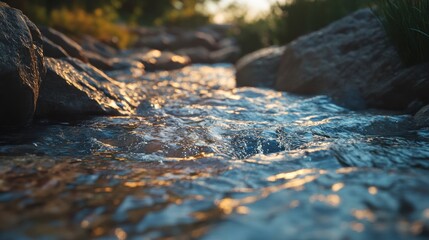 Fototapeta premium Golden Sunlight on River Rocks - Tranquil Stream Scene