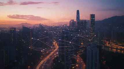 Fototapeta premium Smart digital Innovation city with connection network reciprocity over the cityscape. of future smart wireless digital city and social media networking systems that connects people with in city