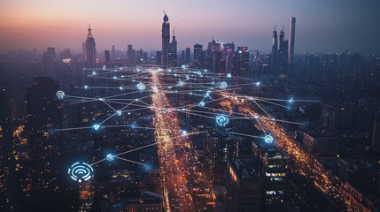 Fototapeta premium Smart digital Innovation city with connection network reciprocity over the cityscape. of future smart wireless digital city and social media networking systems that connects people with in city