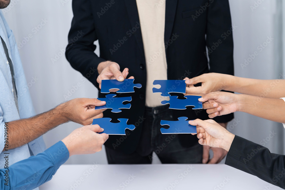 Poster Business team joining jigsaw puzzle together symbolize group of business partnership and strong collective unity teamwork in problem solving solution for business success. Prudent