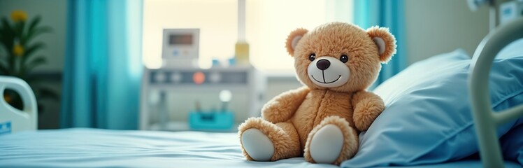 Cute teddy bear sits on hospital bed. Young patient may resting recovering. Light, hopeful atmosphere fills child health care setting. Image conveys sense of comfort, support in medical environment.