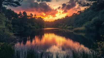 Naklejka premium Serene Sunset Over Forest Lake Reflection