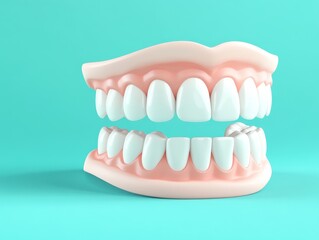 Obraz premium A studio photo of a dental model with whimsical fake teeth, featuring a colorful backdrop, close-up view, and a humorous concept