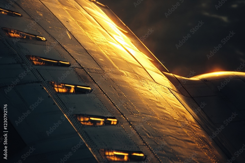 Poster sunset illuminates the wing of an airplane during evening flight above the clouds. generative ai