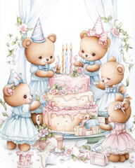 Cute teddy bears celebrating birthday with large cake, balloons, and gifts. scene is joyful and colorful, perfect for children themes and celebrations