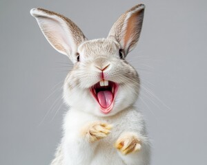Obraz premium A humorous image of a white rabbit with enormous teeth, laughing and pointing, shown in an expressive pose