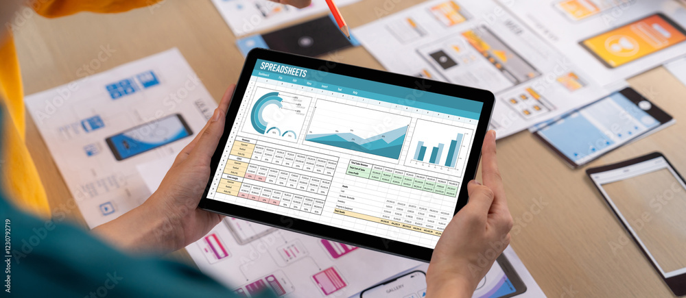 Poster spreadsheet document information financial startup concept. data and graphs in spreadsheet documents