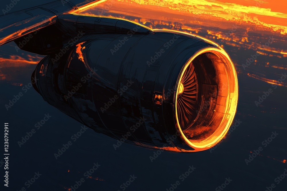 Poster sunset glow illuminating airplane wing and engine over vast landscape. generative ai