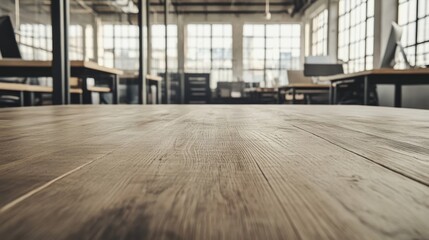 Close-up view of a light brown wooden table in a modern, bright office space with blurred background of desks and large windows.