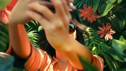 Tropical garden selfie moment with playful sunglasses reflection - Powered by Adobe