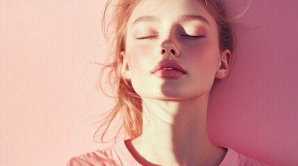 Fototapeta premium Serene Young Woman with Closed Eyes, Pink Background, Soft Lighting
