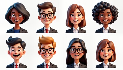 Cartoon business people set with various expressions. Diverse characters in formal wear. Smiling, happy faces. Good for social media avatars character design. Colorful, playful design. Modern