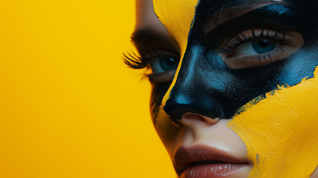 portrait of a young woman with black and yellow mask , on yellow background - Powered by Adobe