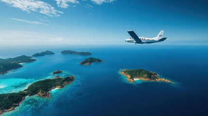 Naklejka premium Airplane glides over sparkling blue ocean with small islands scattered below on a clear sunny day. Generative AI