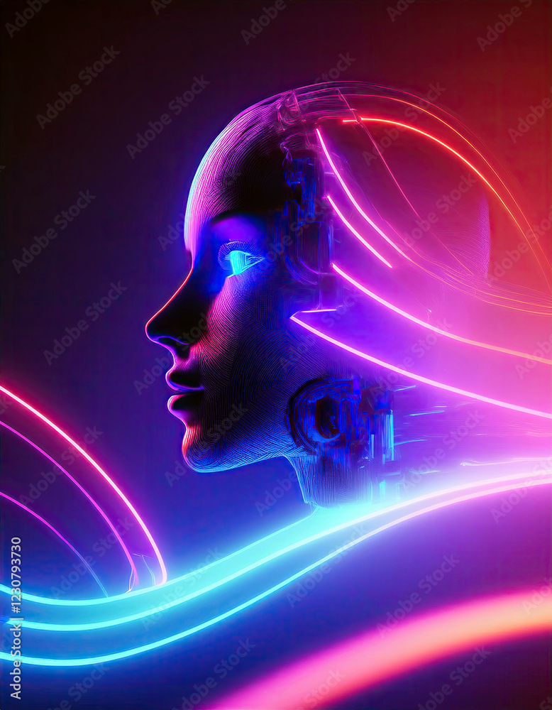 Poster futuristic robotic visage illuminated by vibrant neon lights in an abstract cybernetic theme