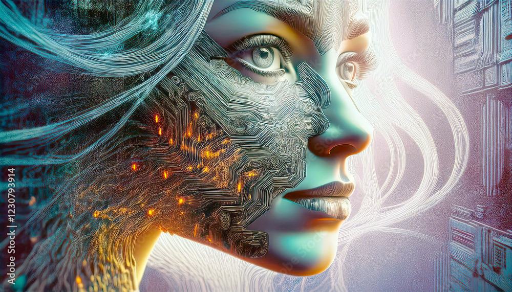 Poster exploring the intersection of technology and humanity in a futuristic portrait