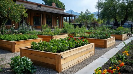 A garden with a wooden fence and a house in the background