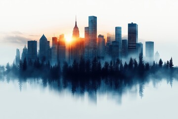 Obraz premium Stunning skyline at sunset with reflections and mist creating a surreal atmosphere