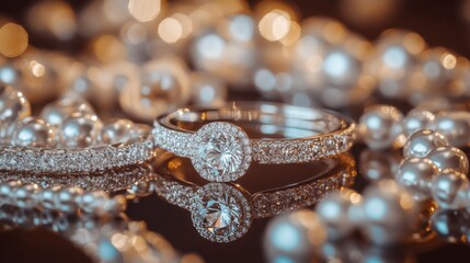 Sparkling Diamond Ring and Pearls - Luxurious Jewelry Close-Up