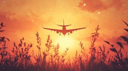 Silhouette of airplane in front of stunning golden sunset over grassy landscape. Generative AI
