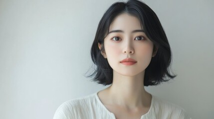 Serene Asian Woman with Short Bob Hairstyle, White Blouse Against a Light Gray Background