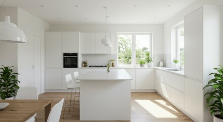 Modern open kitchen with sleek surfaces and decorative plants