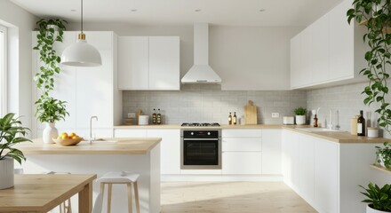 Elegant minimalist kitchen with greenery and sunlight-filled space